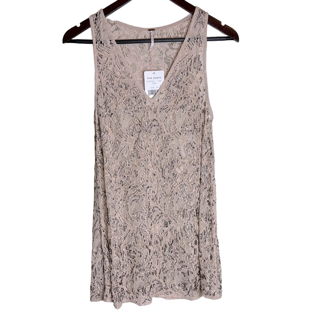 Free People Nude Metallic Lace Beaded Mini Shift Dress XS Boho Chic - Picture 5 of 16